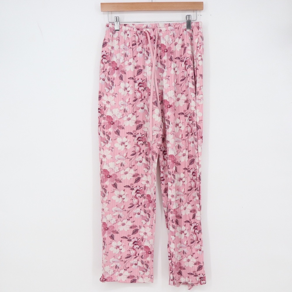 Flora Nikrooz Pajama Pants Womens S Pink Floral Ribbed Knit Drawstring Excellent